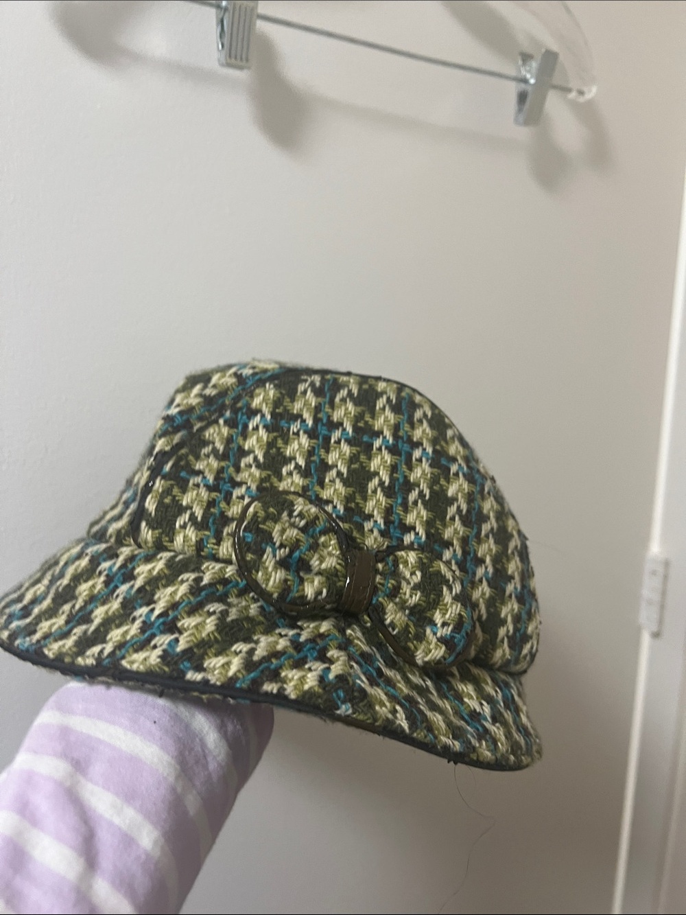 Woven Plaid Bucket Hat with Decorative Buckle with Bow - Olive/Turquoise